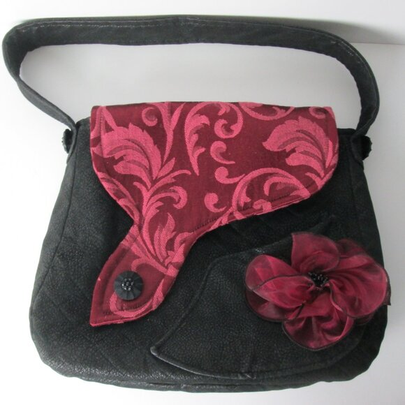 Vintage Handmade Romantic Boho Floral Tapestry Shoulder Bag Cranberry/Black - Picture 1 of 8